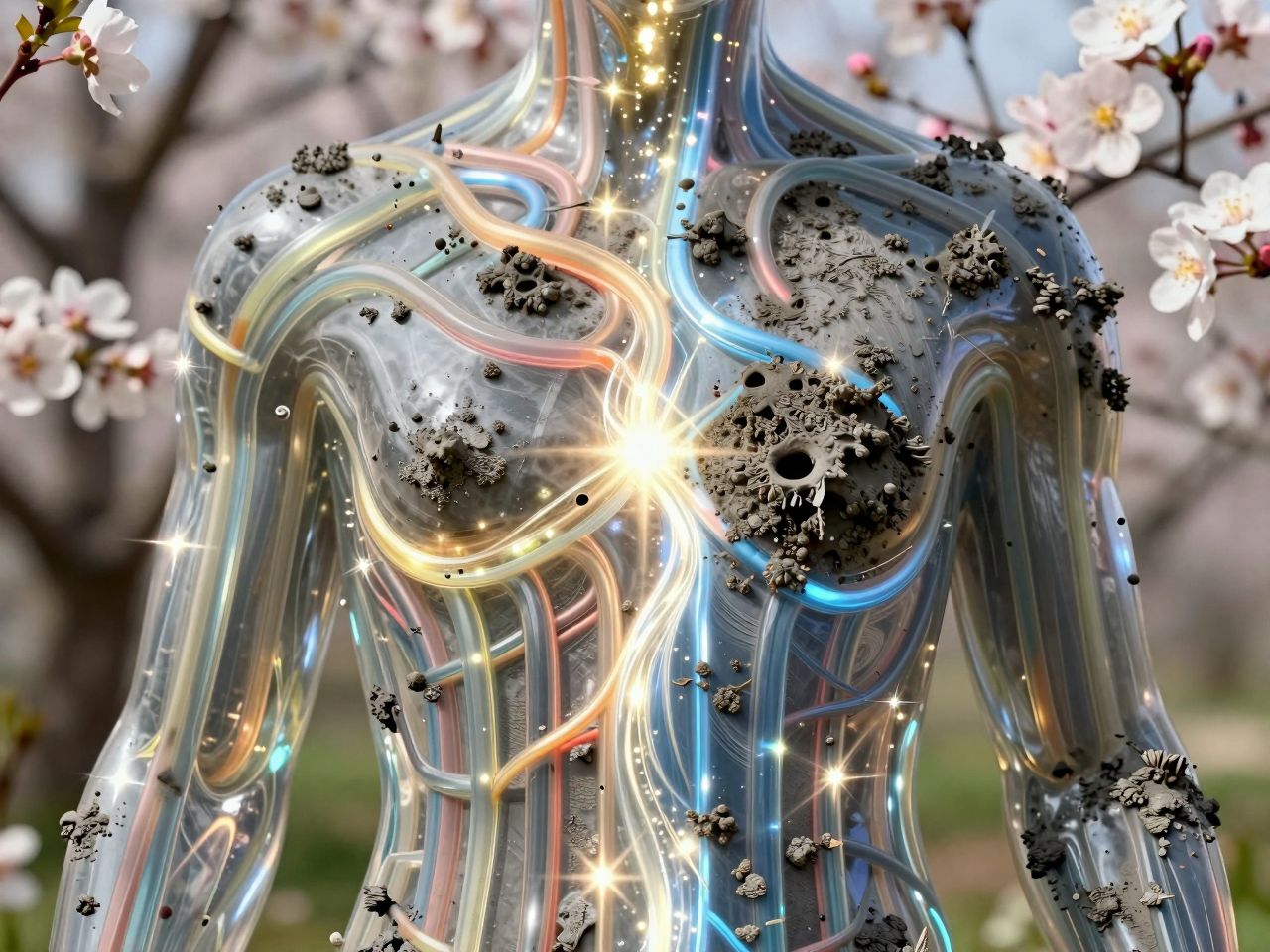Vizualizacija aure s prozirnim energetskim kanalima koji su djelomično blokirani tamnom tvari, simbolizirajući proljetni umor.