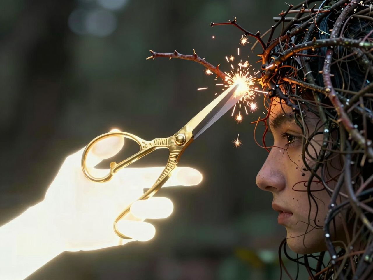 Svjetleća ruka koja zlatnim škarama orezuje tamno trnje u čovjekovom umu, simbolizirajući svjesnu promjenu.