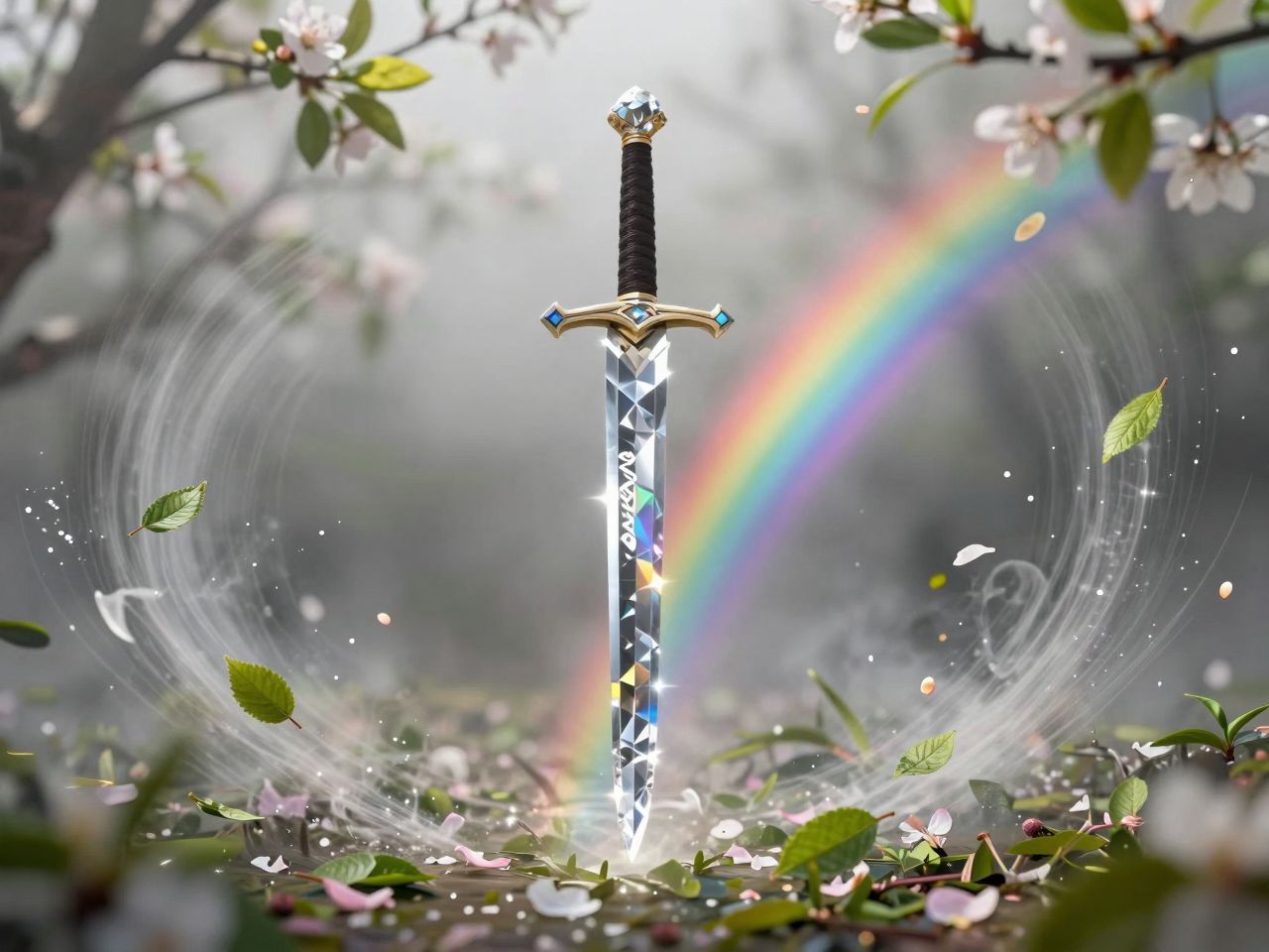 Dijamantni mač razlučivanja koji lebdi u proljetnom vrtlogu, simbolizirajući oštar i jasan um.