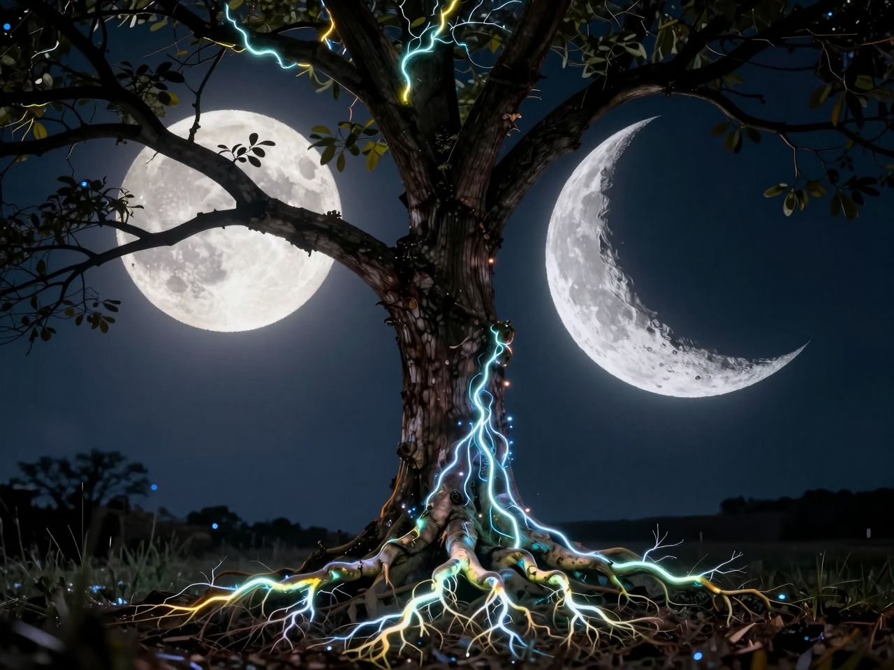Prikaz kretanja energije u stablu pod utjecajem punog mjeseca i mjeseca u opadanju.