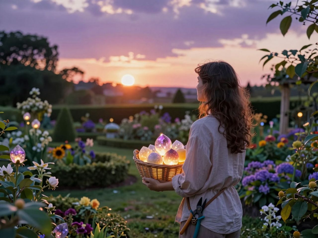 Osoba drži košaru svjetlećih plodova u savršenom vrtu, simbolizirajući uspješan duhovni rad i žetvu.