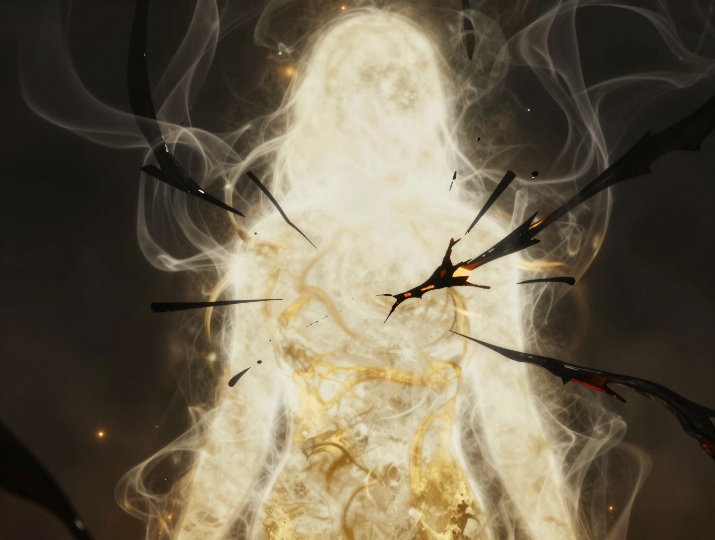 Ljudska aura od zlatne svjetlosti pod napadom tamnih sjenki i energetskih krhotina koje pokušavaju probiti zaštitu.