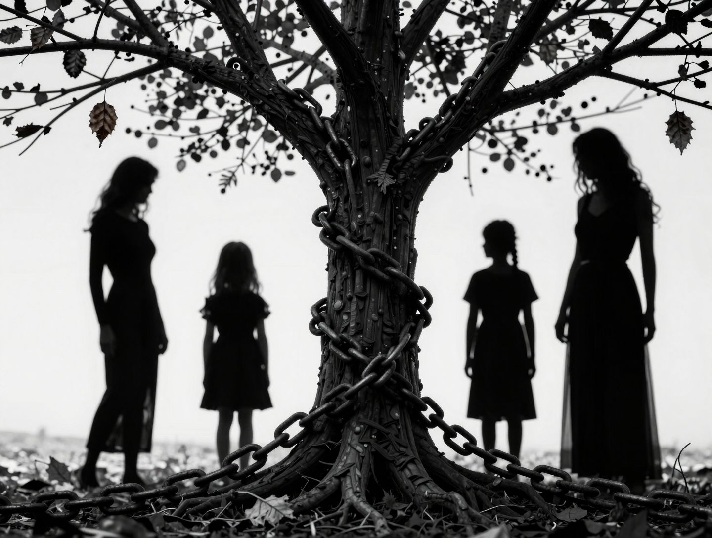 Obiteljsko stablo okovano teškim crnim lancima u mračnoj atmosferi koji simboliziraju obiteljsku kletvu.