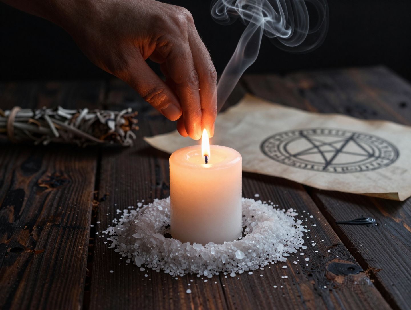 Ritualni krug od morske soli oko upaljene bijele svijeće s dimom kadulje za zaštitu od negativne energije.
