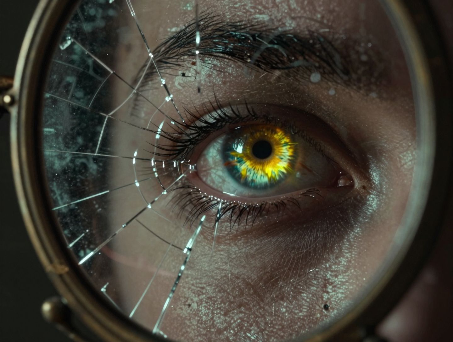 Krupni plan prodornog oka u napuknutom ogledalu kao simbol uroka i zlog pogleda.