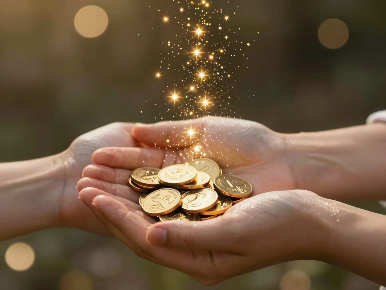 Krupni plan dlanova iz kojih izvire zlatna prašina i svjetlost kao simbol financijskog dobitka.