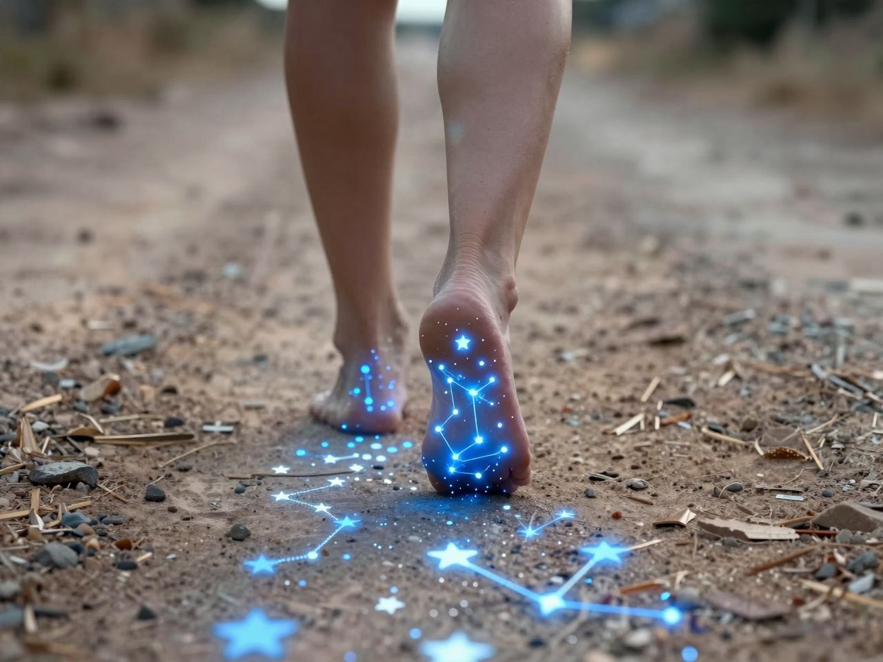 Bosa stopala na putu od zvijezda koja svijetle plavom energijom kretanja i promjene.