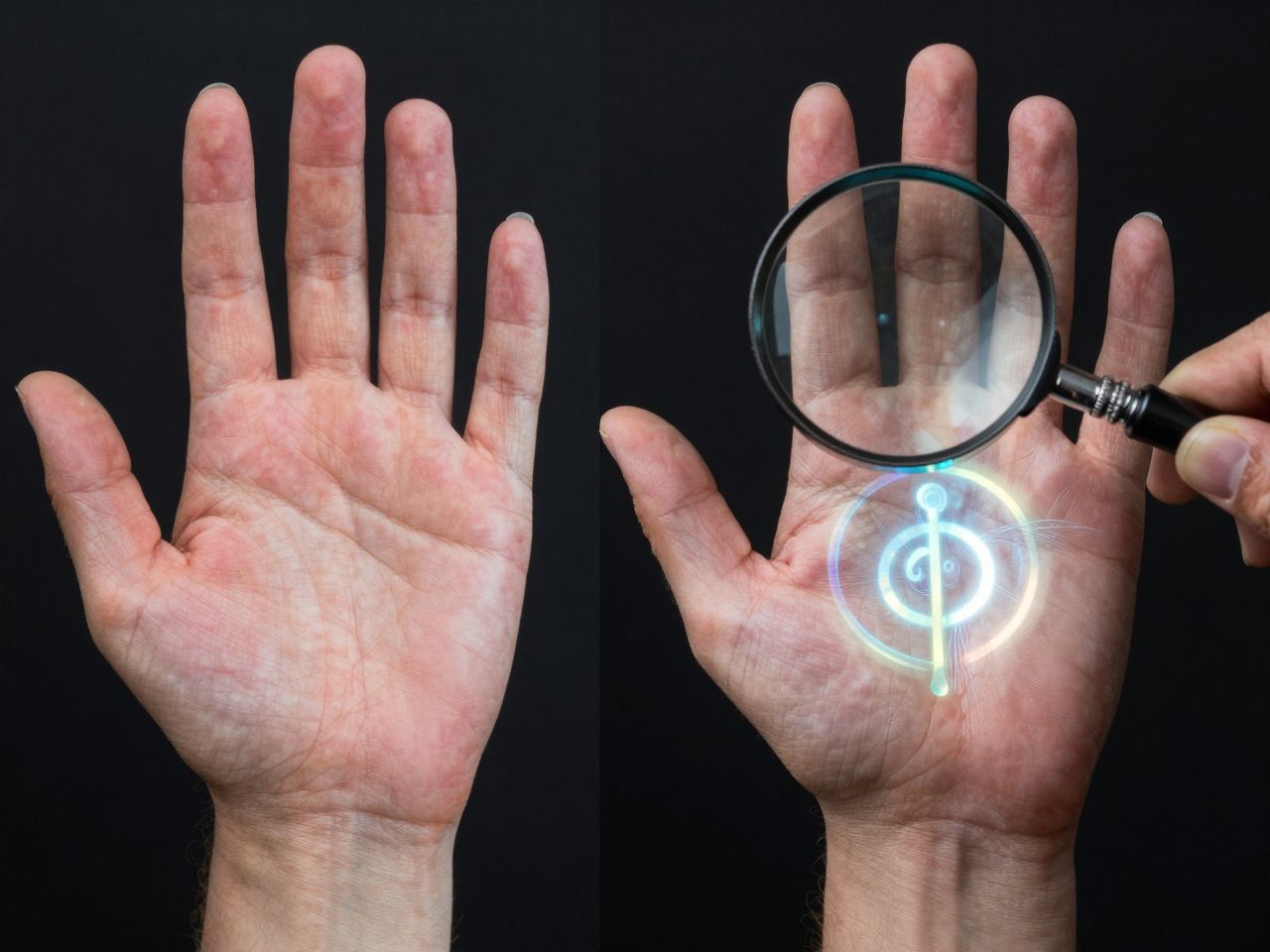 Usporedba obične iritacije kože i mističnog energetskog signala pod kristalnim povećalom.