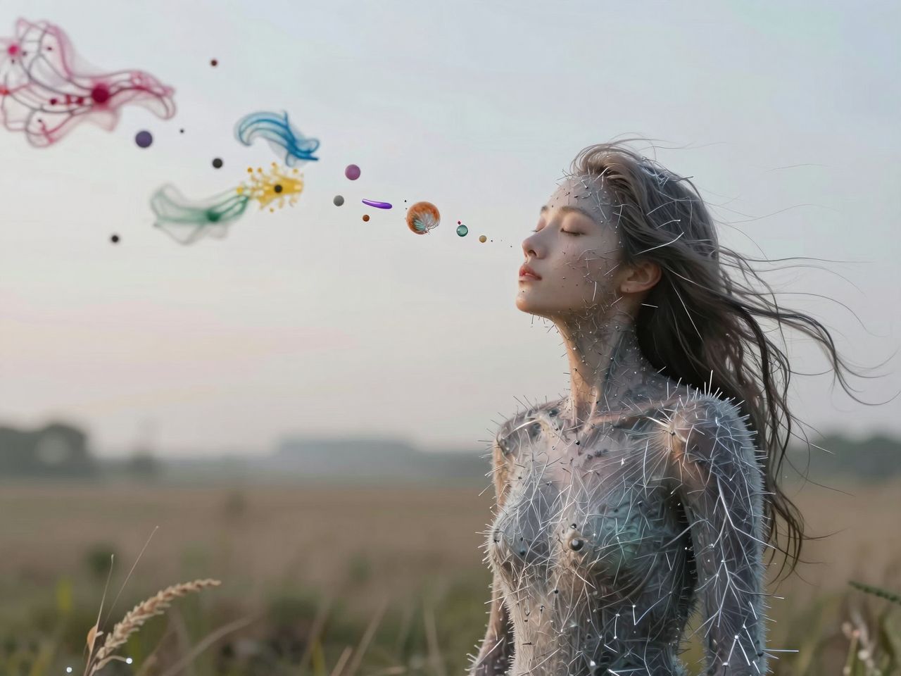 Nadrealni prikaz osobe čija koža djeluje kao antena koja hvata niti misli i emocija iz zraka.