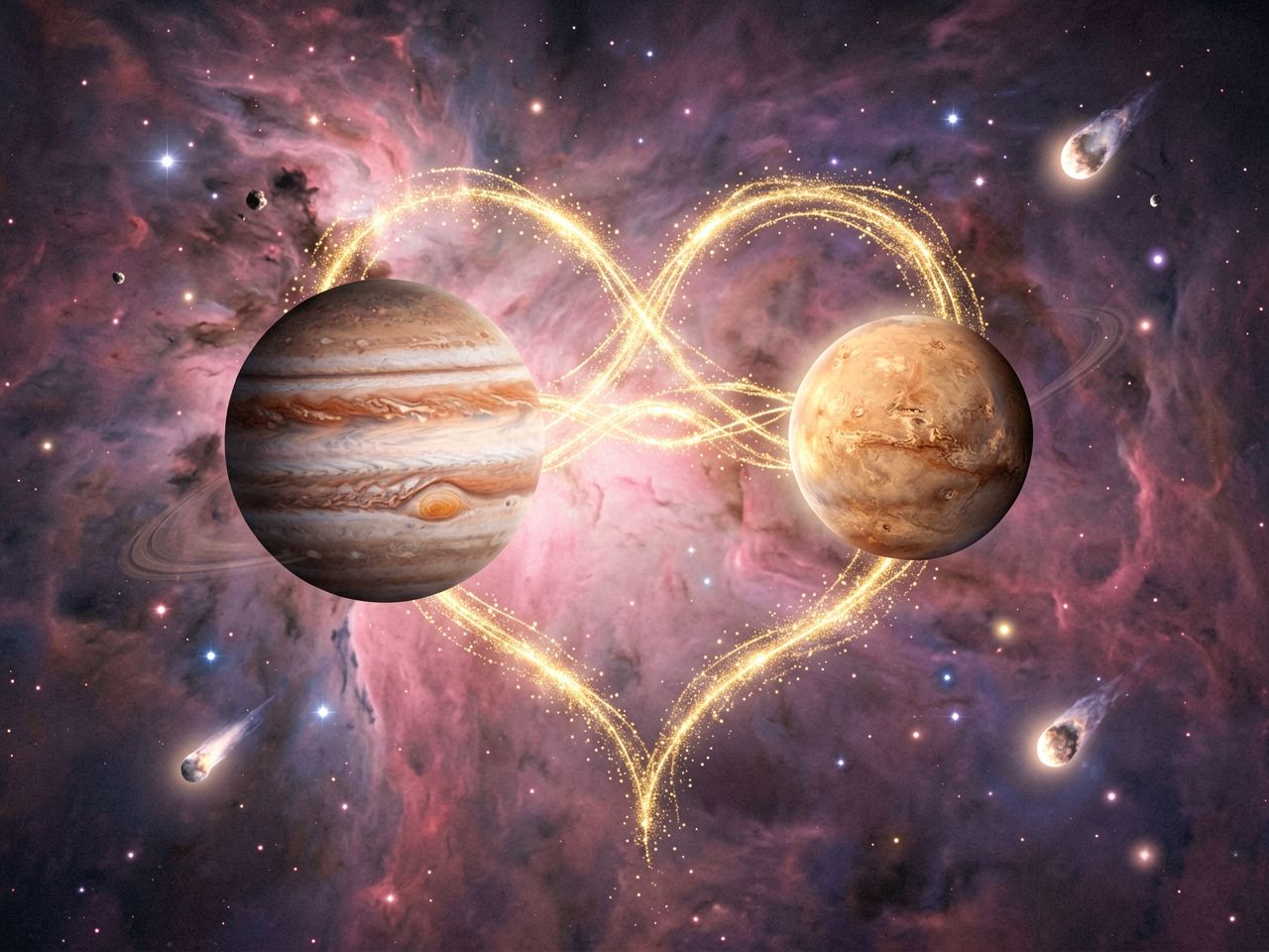 Planeti Jupiter i Venera usklađeni u ružičastoj maglici, tvoreći energetsko srce u svemiru.