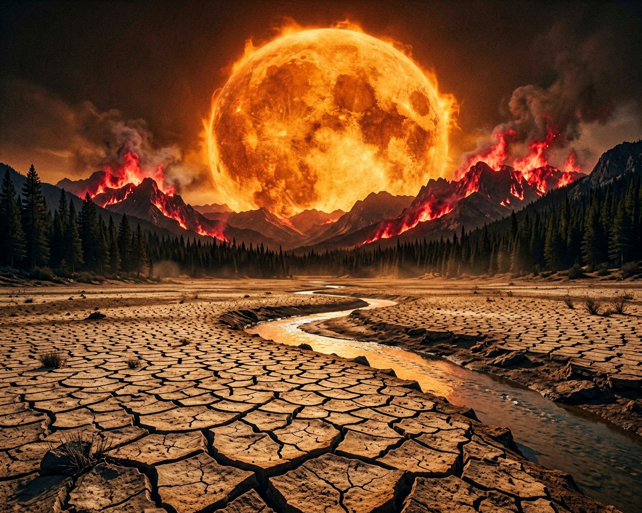 Ispucala zemlja pod žarkim suncem i šumski požari na sjevernim planinama u daljini.