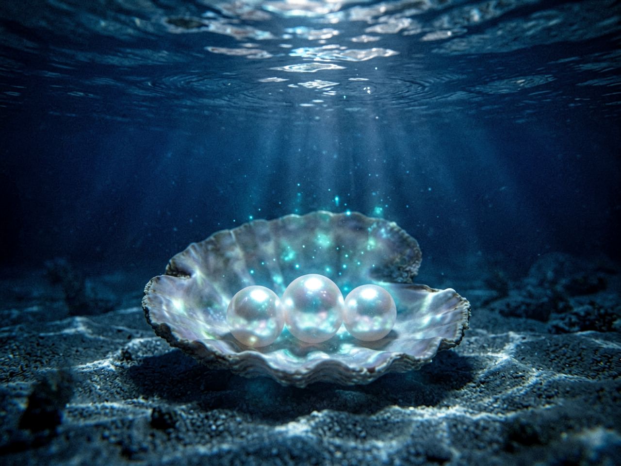 Tri sjajna bisera na dnu oceana pod mjesečinom, simbolizirajući intuiciju i dubinu vodenih znakova.
