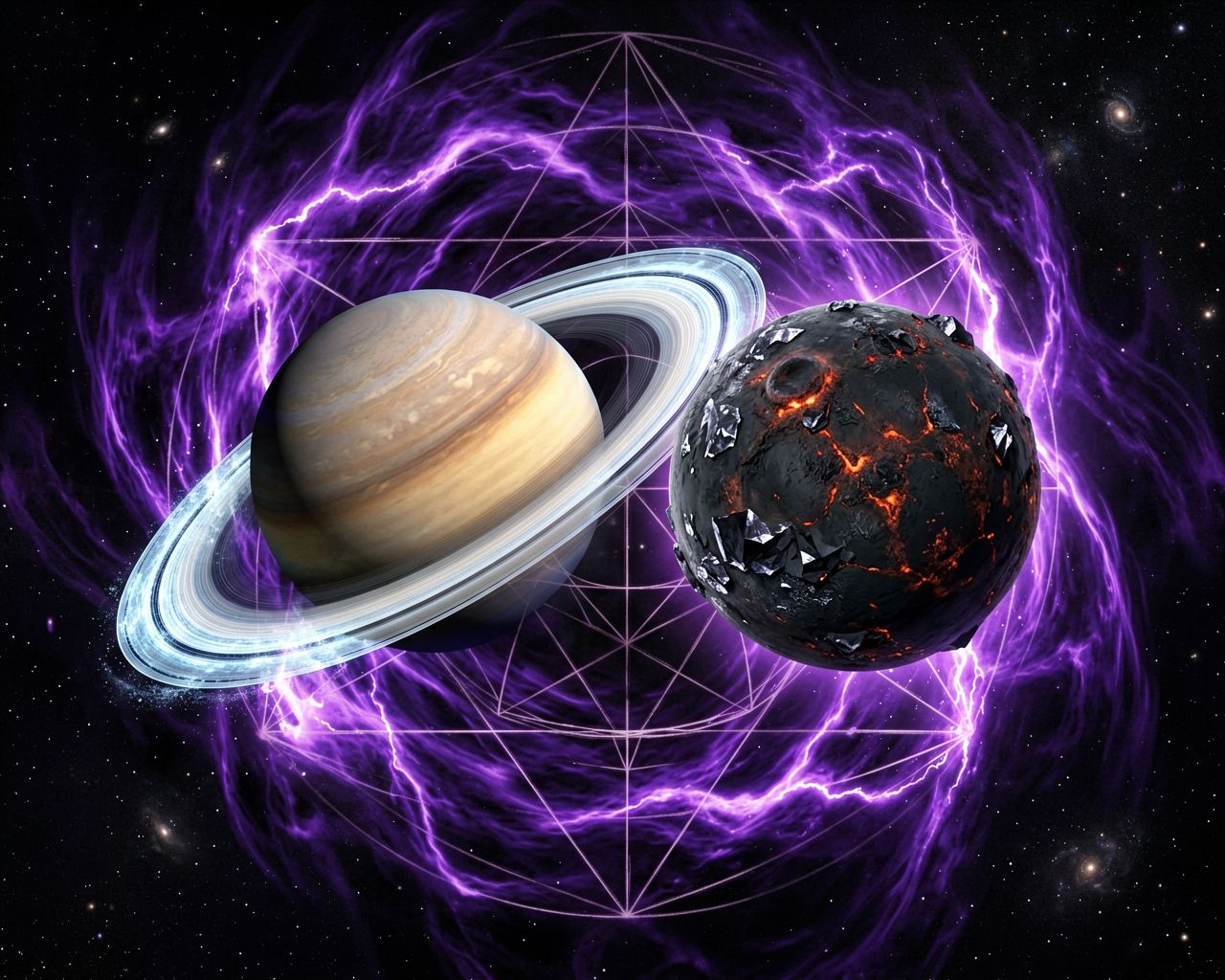 Kosmički prikaz planeta Saturna i Plutona u moćnom energetskom sudaru u svemiru.