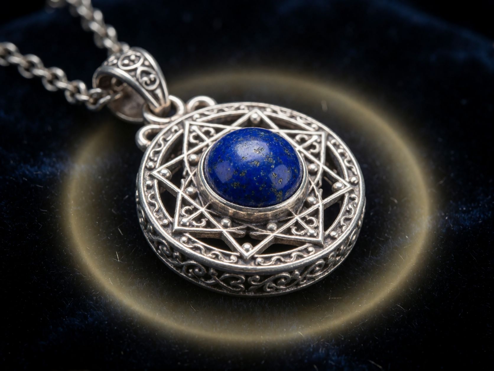 Ručno rađeni srebrni amulet za fino izrađenim detaljima i tamno plavim Lapis Lazuli kamenom u sredini širi zaštitnu auru oko sebe.