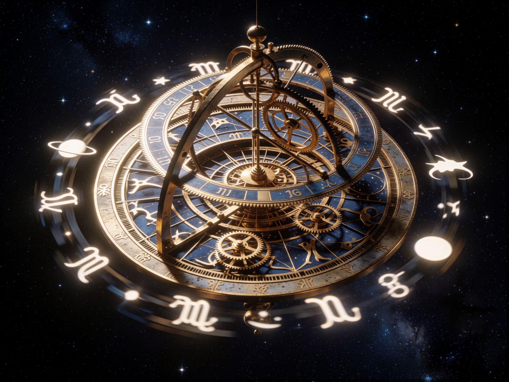Zlatni astrološki kotač i astrolab sa sjajnim simbolima planeta i znakova zodijaka.