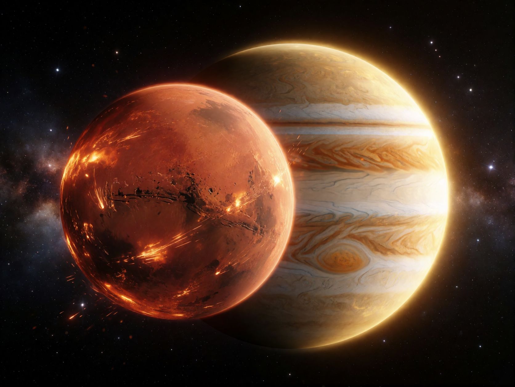 Dramatičan prikaz planeta Marsa s crvenim žarom i veličanstvenog Jupitera sa zlatnom aurom.