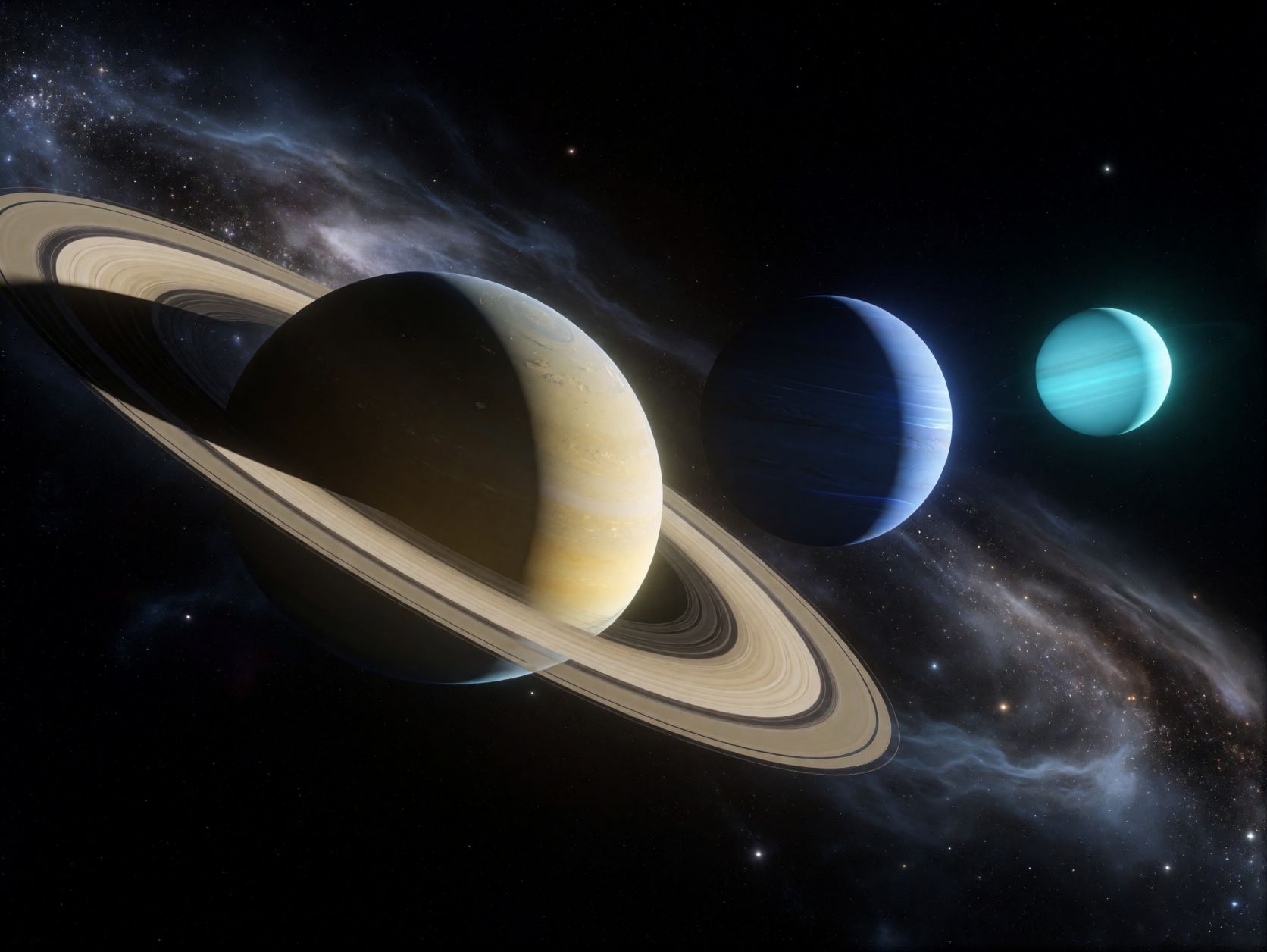 Veličanstveni Saturn s prstenovima u društvu plavog Neptuna i Urana u dubokom svemiru.