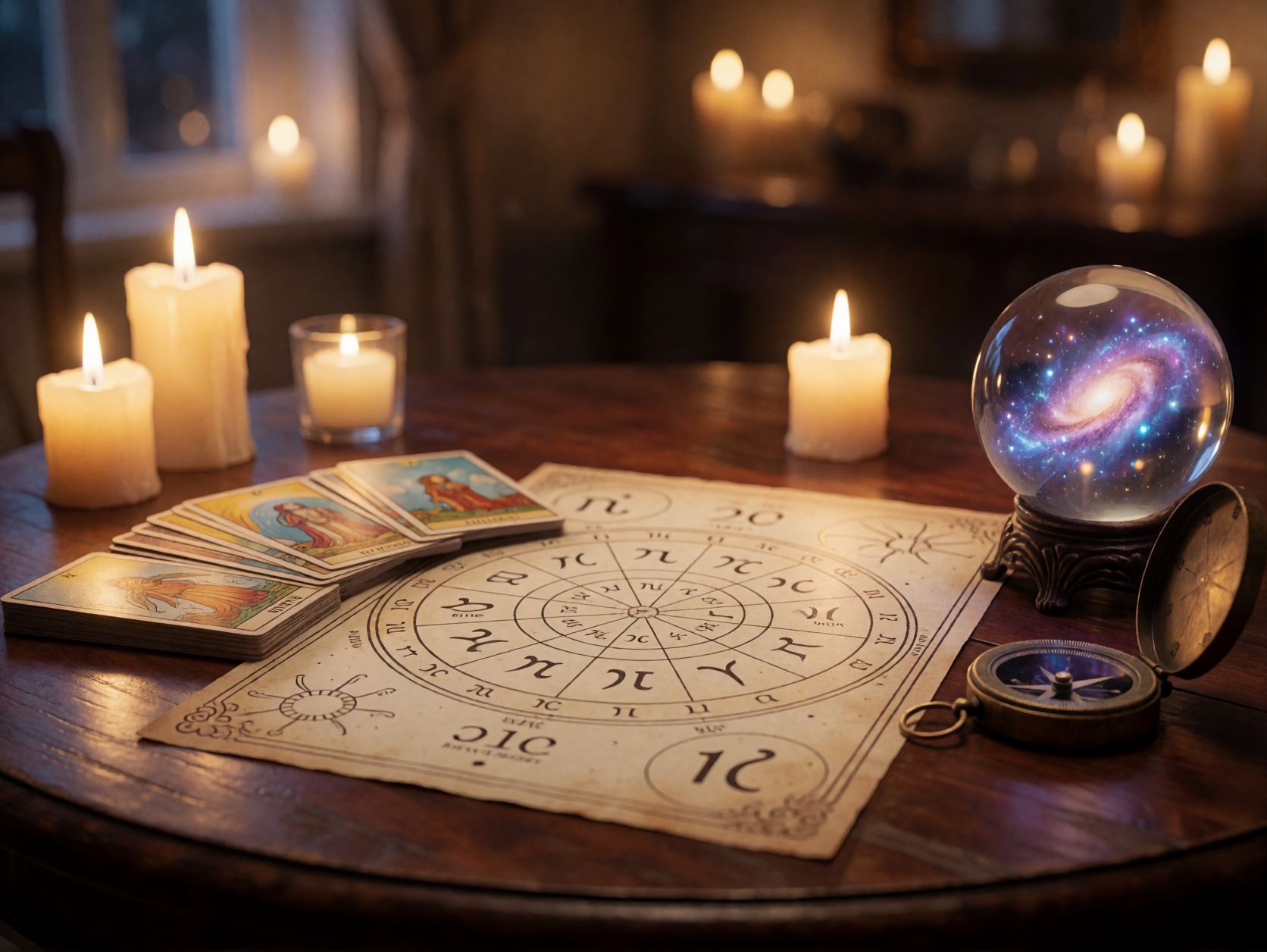 Astrološki stol s izrađenom natalnom kartom, kristalnom kuglom i svijećama za savjetovanje.