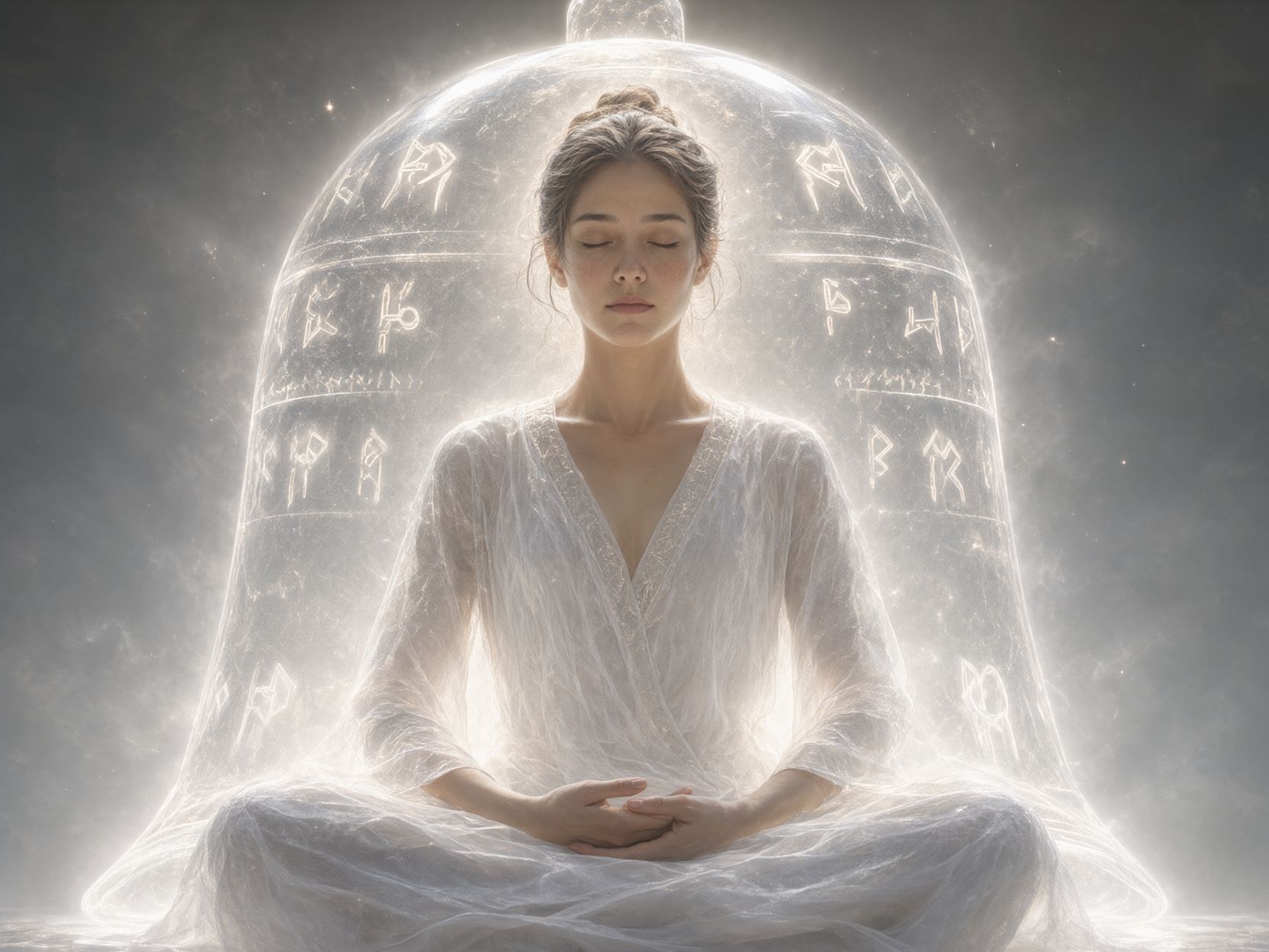 Prikaz osobe u meditaciji obavijene zaštitnim srebrnim zvonom od svjetlosti.